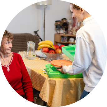 A caregiver provides a meal to an older woman in her home.